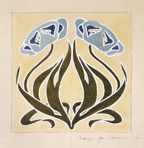 Suunnittelu "Minstrel-laatalle" (kynä sinisellä musteella ja akvarelleilla ja grafiitilla värjäytyneelle luonnonvalkoiselle paperille) tekijältä William Morris